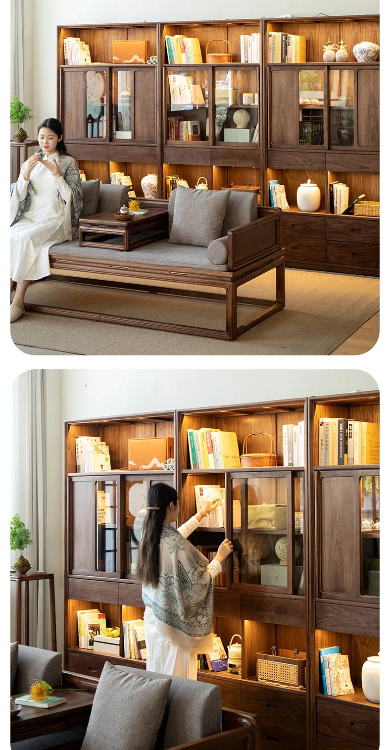 Japanese solid cherry wood bookcase glass door Nordic black walnut bookshelf home floor combination