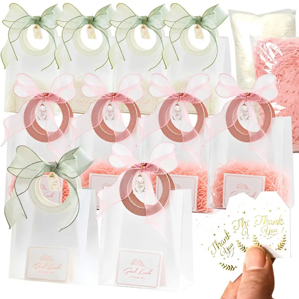 20 sacs cadeaux en plastique avec poignée circulaire, nœud en organza, déchets de raphia et étiquettes de remerciement pour mariage, emballage de cadeaux de fête YMY