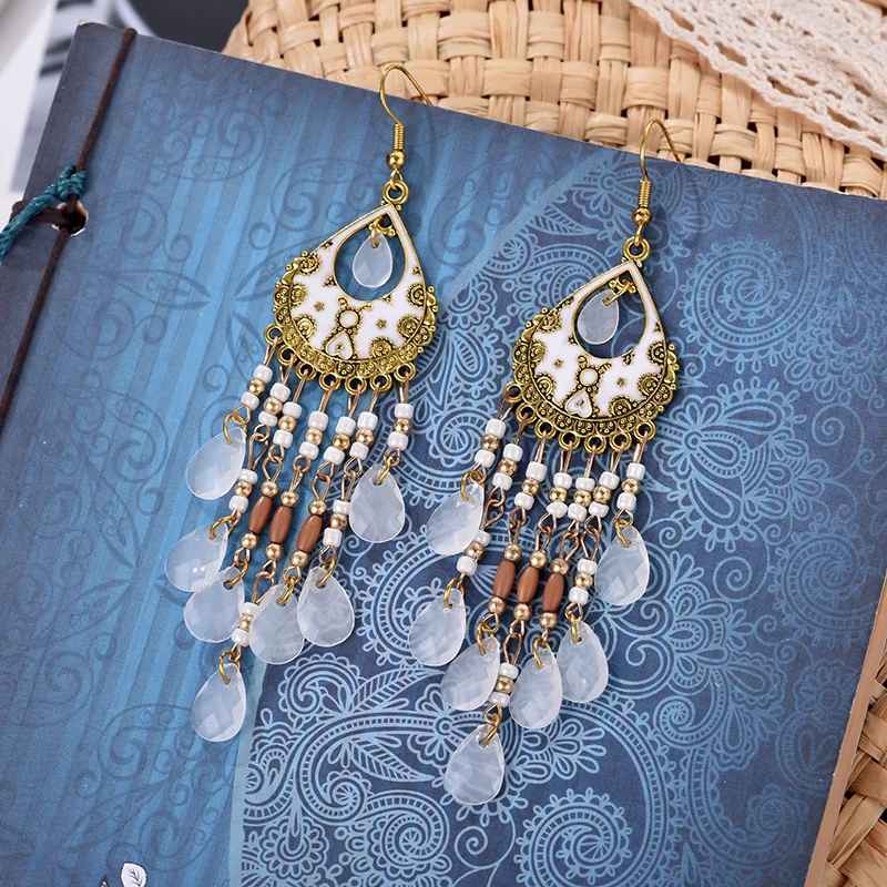 Ethnische Lange Acryl Wasser Tropfen Ohrringe für Frauen Retro Boho Gold Farbe Hohl Quaste Ohrringe Bijoux Femme Zubehör – Detail 25