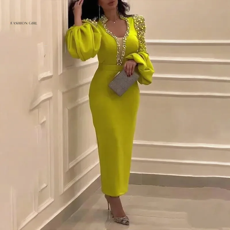 فساتين حفلة موسيقية عصرية مطرزة بطول الكاحل للنساء في المملكة العربية السعودية لؤلؤ بأكمام طويلة وحفلات أعياد الميلاد والسهرات والمناسبات الرسمية