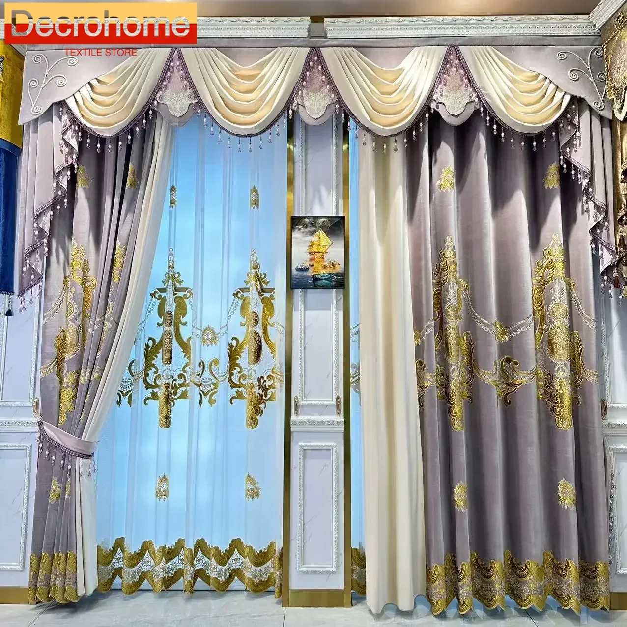 

New Taro Purple Embroidered Velvet Splicing Curtains for Living Room Bedroom Balcony and Villa Customized Finished Product