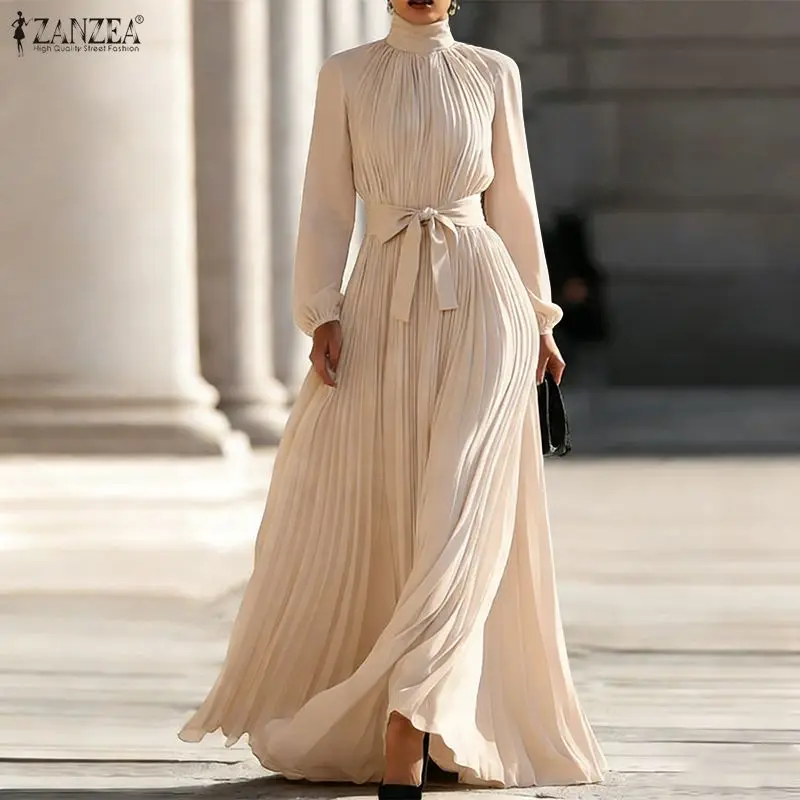 Damen Herbstkleider 2026 ZANZEA Elegantes Langarm-Plissee-Kleid Büro OL Sommerkleid Stilvolles A-Linien-Kleid mit Gürtel Partykleid