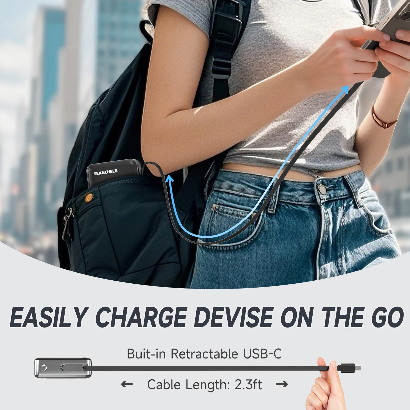 미니 휴대용 충전기, 22.5w 고속 충전 접이식 USB-C 케이블이 포함된 10000mAh 보조베터리, iPhone 16/15용 USB C 입력/출력