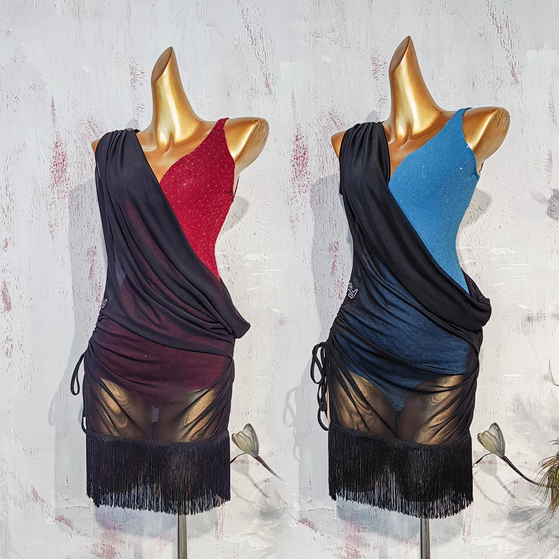 

Women Latin Dance Performance Costumes Strap Diamond Jumpsuit Mesh Perspective Tassels Smock Chacha Latin Dance Dress DN21149