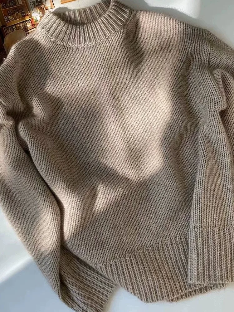 Suéter de cachemira para mujer, jersey de cuello redondo, tejido de lana, grueso y suelto, color gris, otoño e invierno, 2023