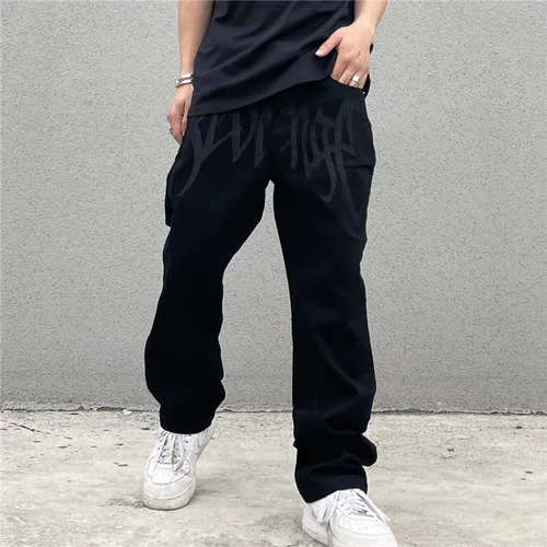2024 nuevo estilo americano letras bordadas negro pantalones vaqueros sueltos para hombres Retro calle Hip Hop Y2K pantalones vaqueros rectos para hombres