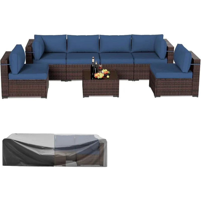 

o Patio Furniture Set 7 Pieces Patio Conversation Set Outdoor Sectional Wicker Rattan Sofa with All-Weather Cover, Patio