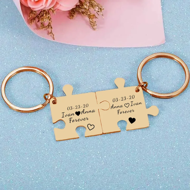 Custom Stainless Steel Puzzle Shape Couple Keychain/Valentine's Day/Christmas/Birthday Gifts