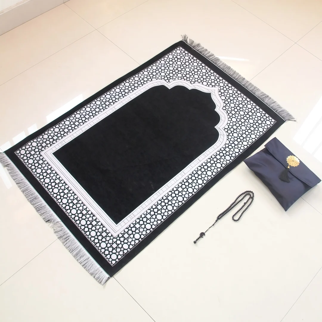 Wear-resistant Chenille Black Prayer Rug, Solid Color Simple Soft Mat, Handbag Storage Set with Prayer Beads, Complete Supplies