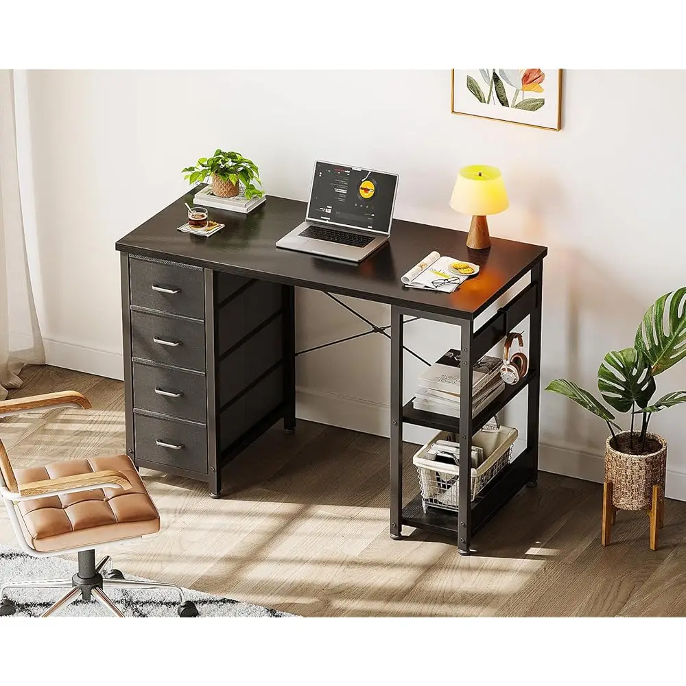 40 H Small Computer Desk With 4 Fabric Drawers, Modern Writing Pc Desk For Small Spaces, Study & Home Office Desk With Storage