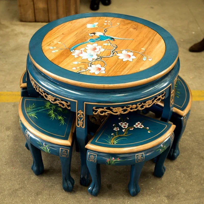 Solid wood round dining table, Chinese style round table, old elm round antique dining table and chair combination