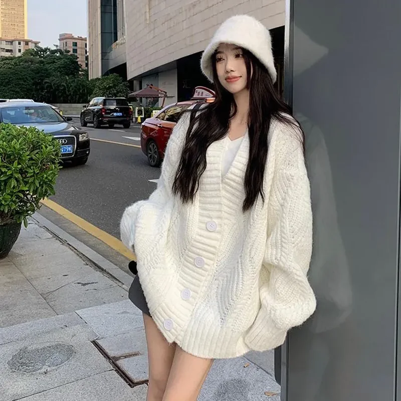 

Autumn Winter New Knitted Loose Sweater Women's Outer Wear Fashion Loose Solid Color V-neck Long Sleeve Sweater Female Coat