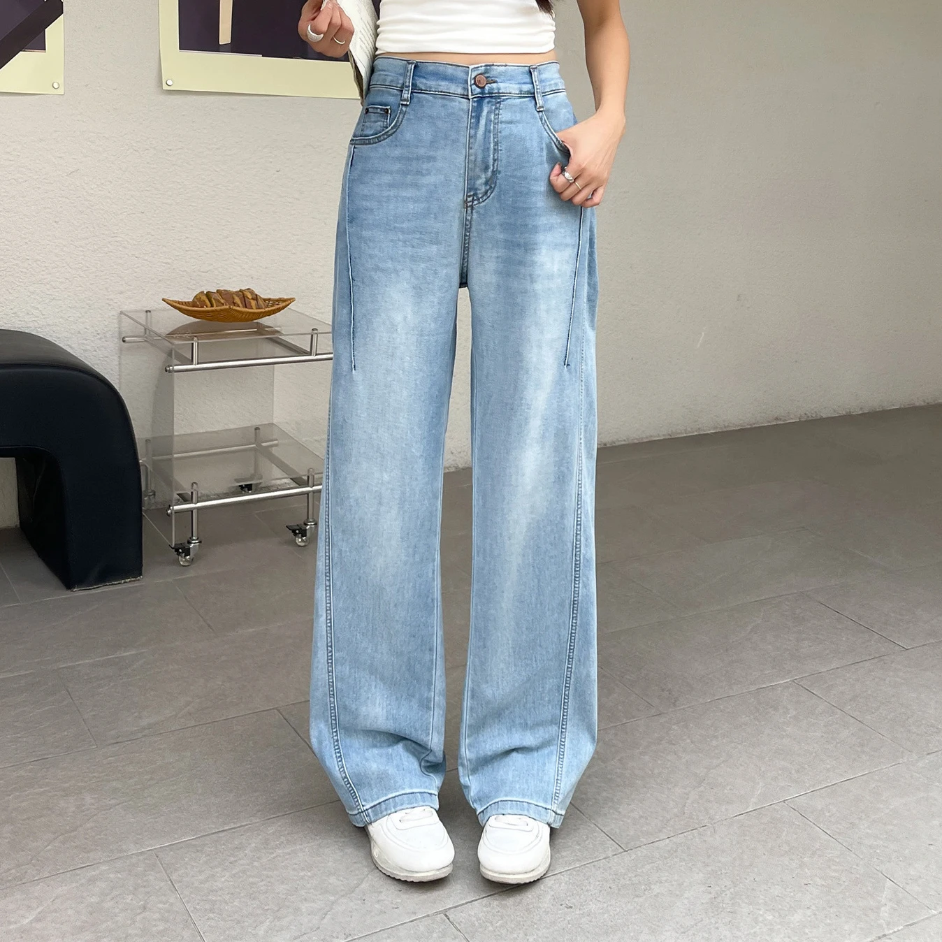 

2026 Summer Plus Size Curved Thin Jeans High Waist Elastic Waist Slim Casual Trousers Curvy Ladies 302