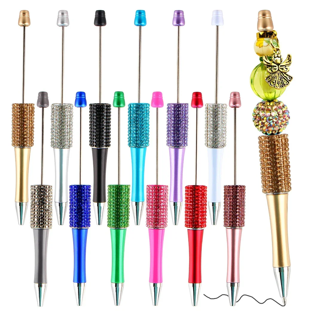 12Pcs Diamond Bead Ballpoint Pen Student Writing Pens DIY Beadable Pens Stationery School Office Supplies