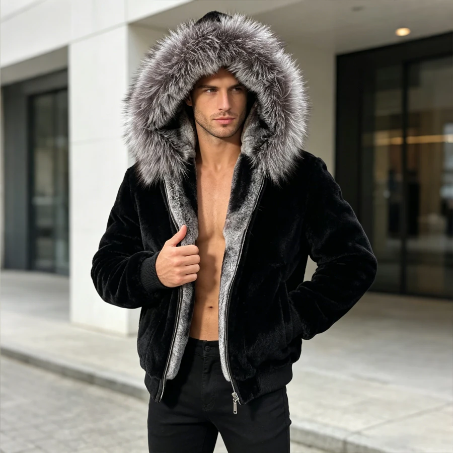 Real Rex Rabbit Fur Jacket Chinchilla Colour Mens Hooded Short Coat Warm Winter Natural Fox Fur Collar