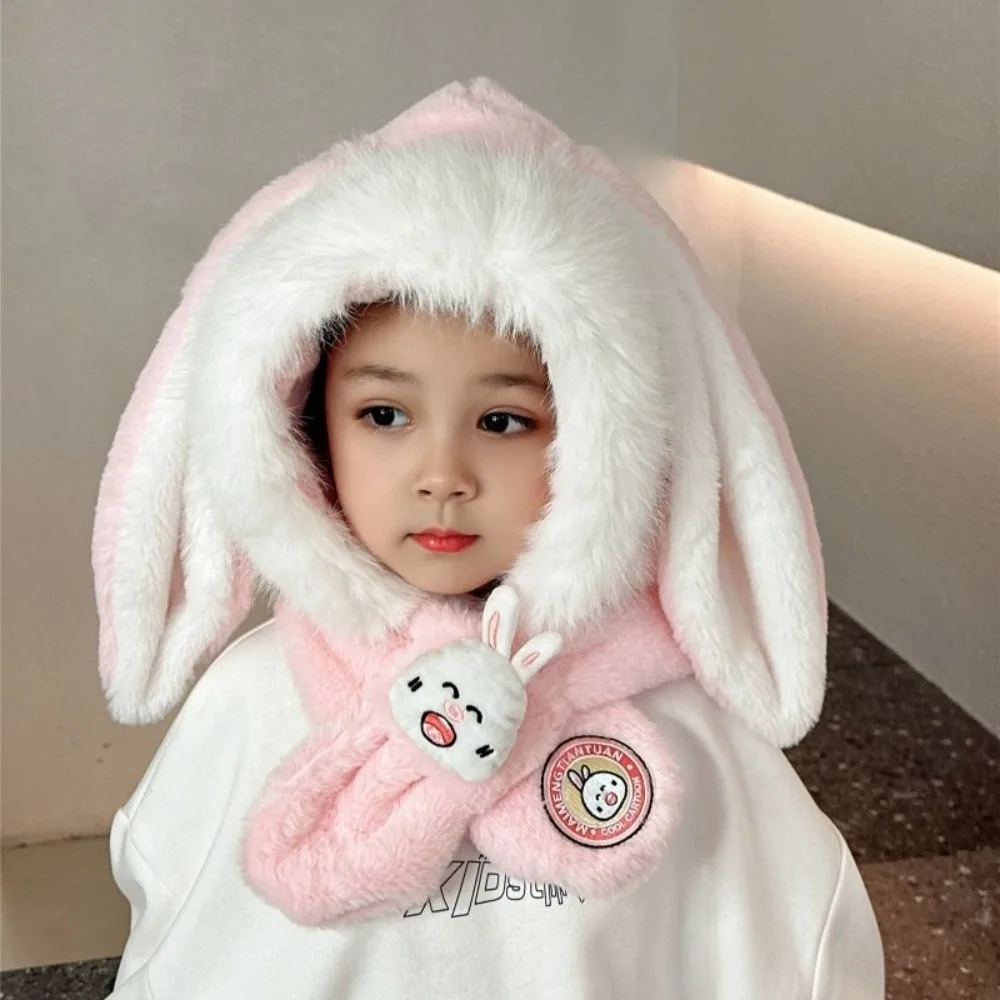 Cute Integrated Hat Scarf Set Warm Coldproof Neck Warmer Long Rabbit Ears Windproof Beanie Hat Autumn and Winter