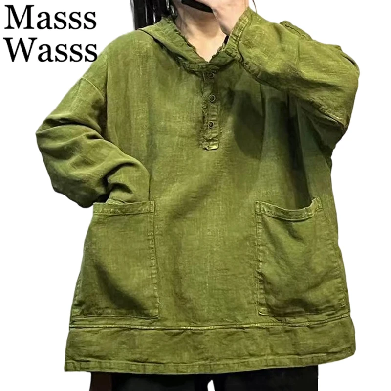 

Mass Wasss 2025, корейские женские модные винтажные однотонные толстовки, женские классические толстовки для отдыха большого размера, хлопково-льняная одежда