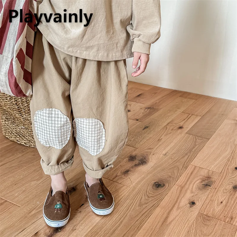 

Новинка 2023 года, весенне-осенние детские повседневные брюки, клетчатые лоскутные свободные брюки для бега, мягкие удобные шаровары для мальчиков и девочек A1230