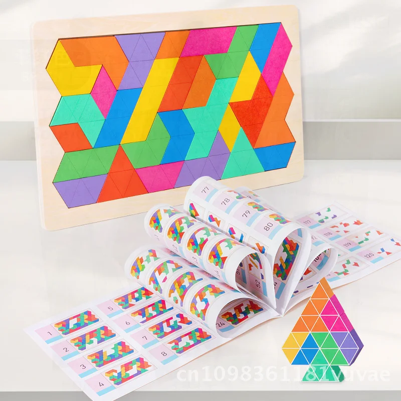 Quebra-cabeça tangram de madeira para crianças, educação precoce, jogo geométrico de inteligência cerebral, formato triangular, brinquedo de aprendizagem de cores