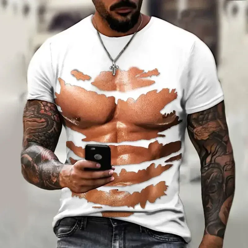 Summer Leisure Funny Chest Muscle Pattern Men's T-shirt Hip Hop 3D Print Personality Tees Round Neck Short Sleeve Tops