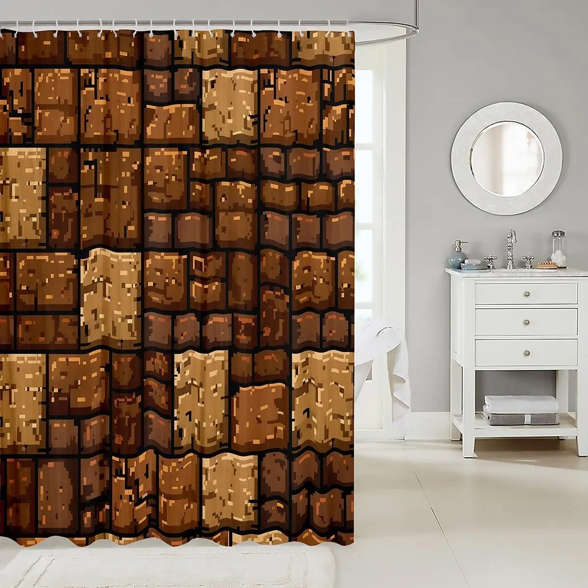 Brown Stone Wall Shower Curtain, Trendy Pixel Splicing Grid Block Design, Retro Video Game Style, Waterproof Polyester Fabric