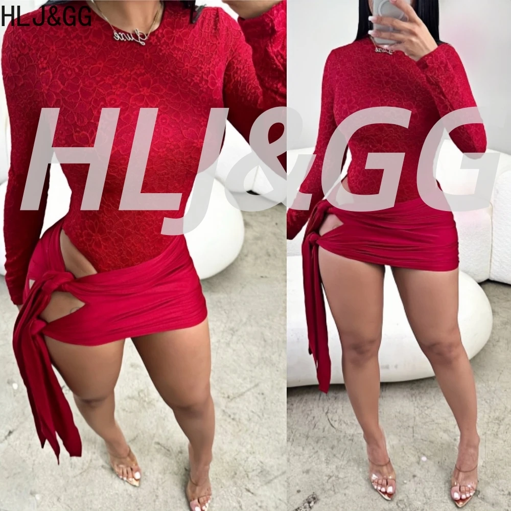 

HLJ&GG Fashion Lace Splice Bodycon Two Piece Sets Women O Neck Long Sleeve Bodysuits And Bandage Mini Skirts Outfits Streetwear
