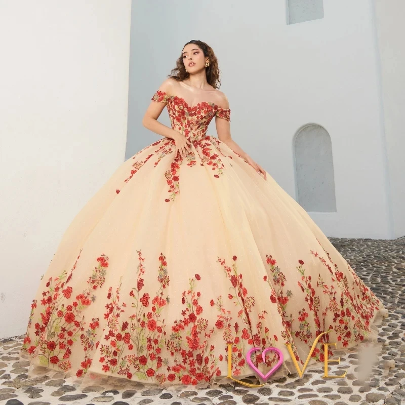 

Champagne Shiny Ball Gown Quinceanera Dresses Off The Shoulder Appliques Lace Tull Corset Sweet 16 Vestidos De 15 Años