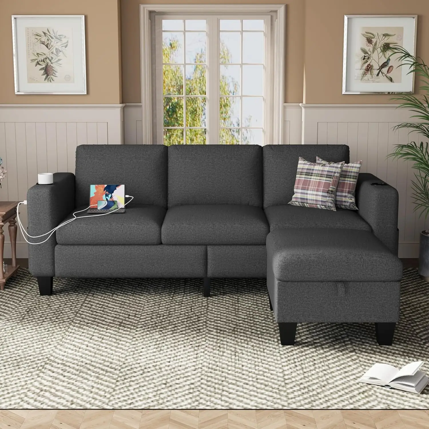 

Convertible Sectional Sofa Couch,USB+Type C Ports and 2 Cup Holders & Movable Ottoman, 3-Seat L-Shaped Couch