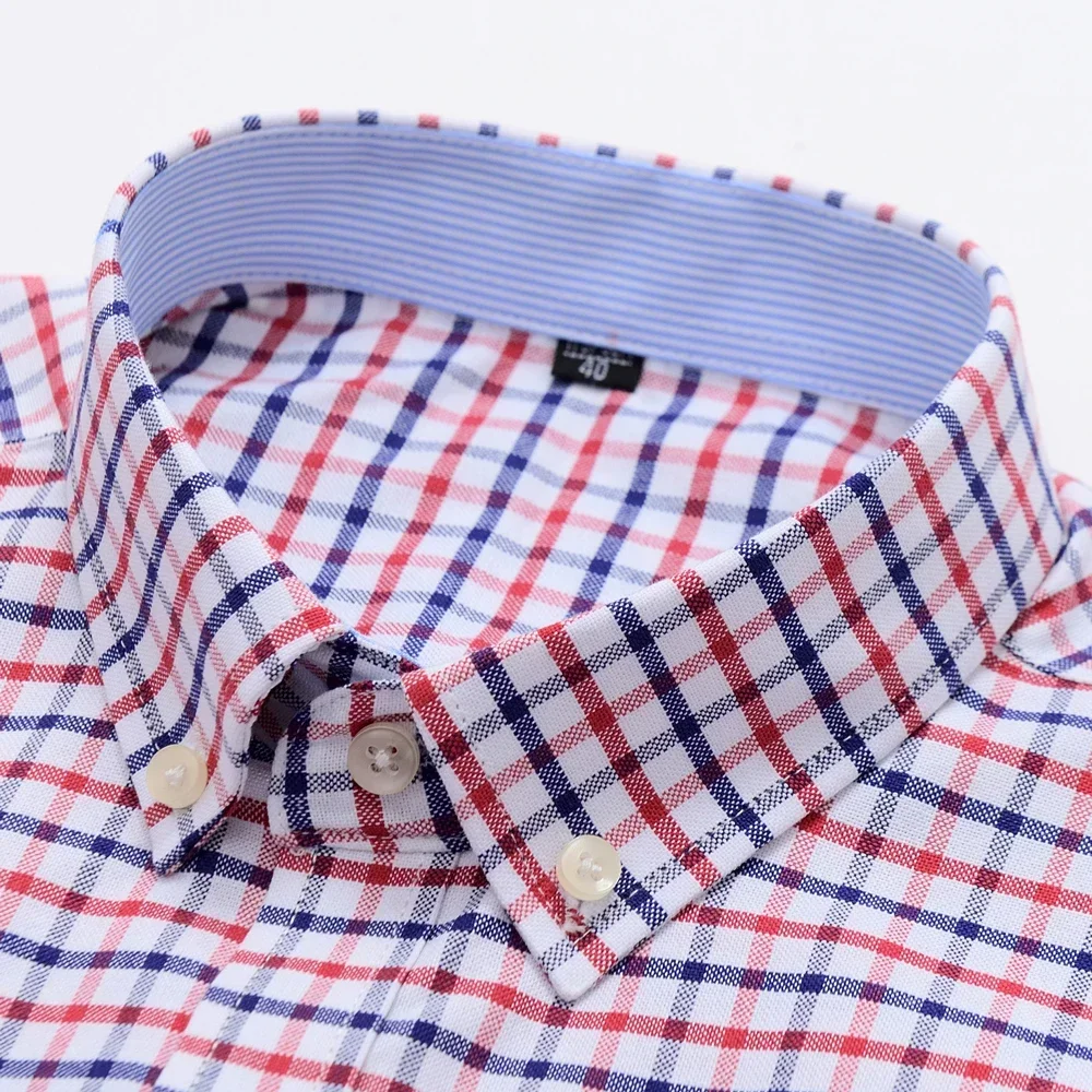 Men's Versatile Casual Checkered Oxford Cotton Shirts Single Pocket Long Sleeve Standard-fit Button Down Gingham Striped Shirt