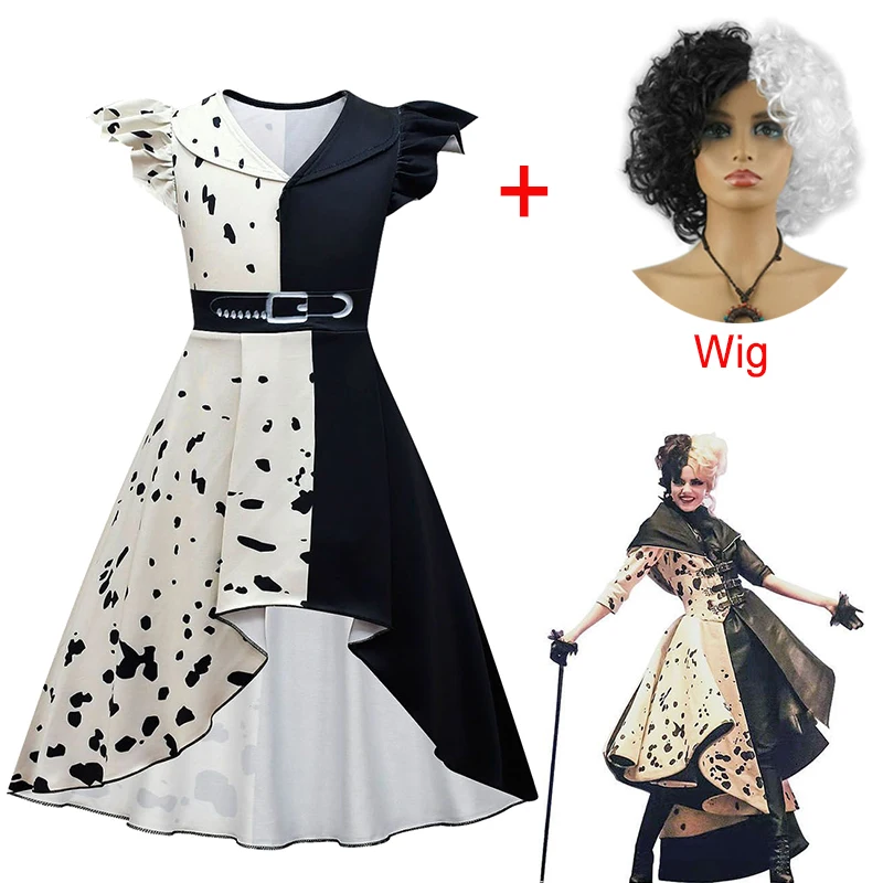 

New Movie Cruella De Vil Cosplay Halloween Costumes for Kids Clothes Girls Fancy Black White Kuila dress Girls Dresses