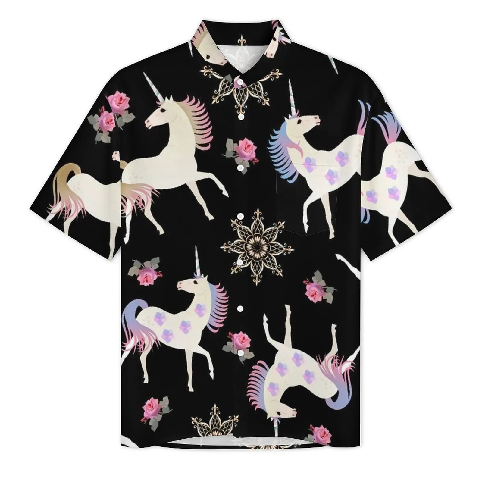 Cute Unicorn Hawaiian Shirt For Men Beach Pink Floral Casual Shirts Short-Sleeve Street Style Design Cool Oversized Blouses