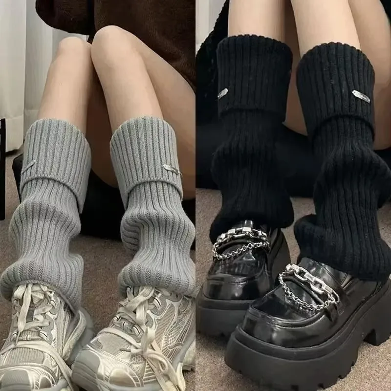 

Autumn and Winter Leg Warmers Japanese Metal Label Socks Female Knitted Warm Foot Cover White Black Y2K Stockings Leg Warmers