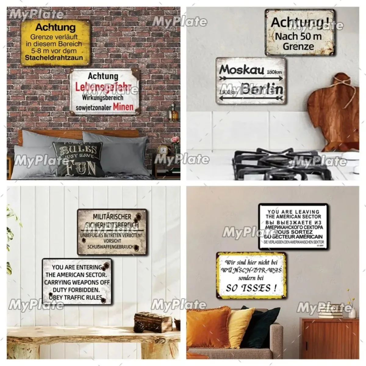 علامة معدنية عتيقة "ACHTUNG HALT" للحرب |   برلين لوحة القصدير |   حانة/نادي/ديكور كهف الرجل