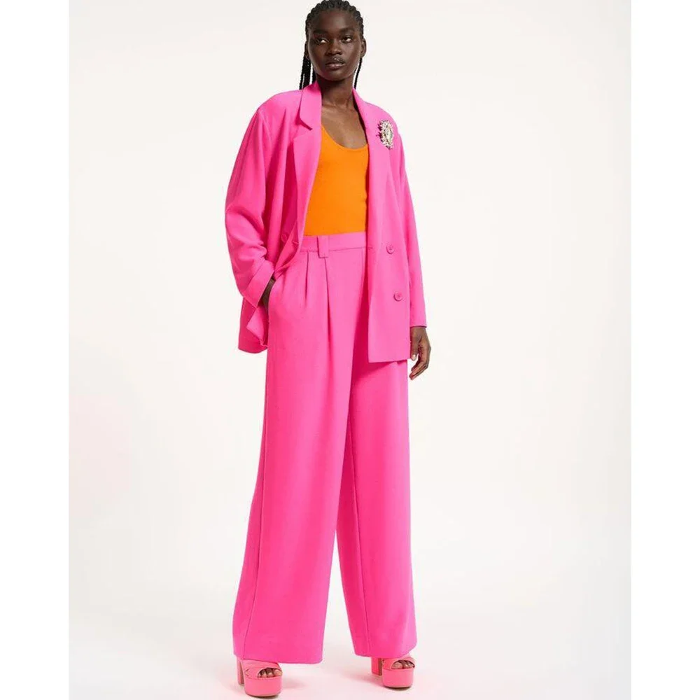 Fashion Bright Pink Loose Fitting Women's Pants Set Double Breasted Female Two Pieces( Blazer+Trousers)