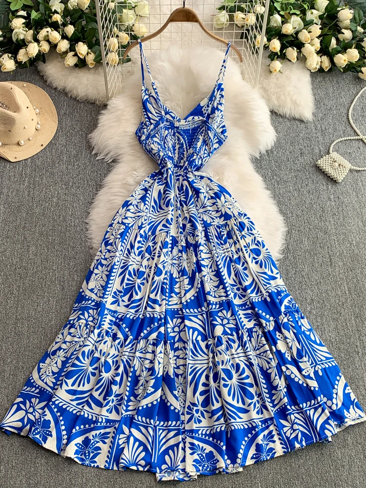 보헤미안 여성 시크 여름 플로럴 프린트 슬림 맥시 롱 드레스 캐주얼 섹시 스파게티 스트랩 비치 휴가 INS 파티 우아한 튜닉 드레스