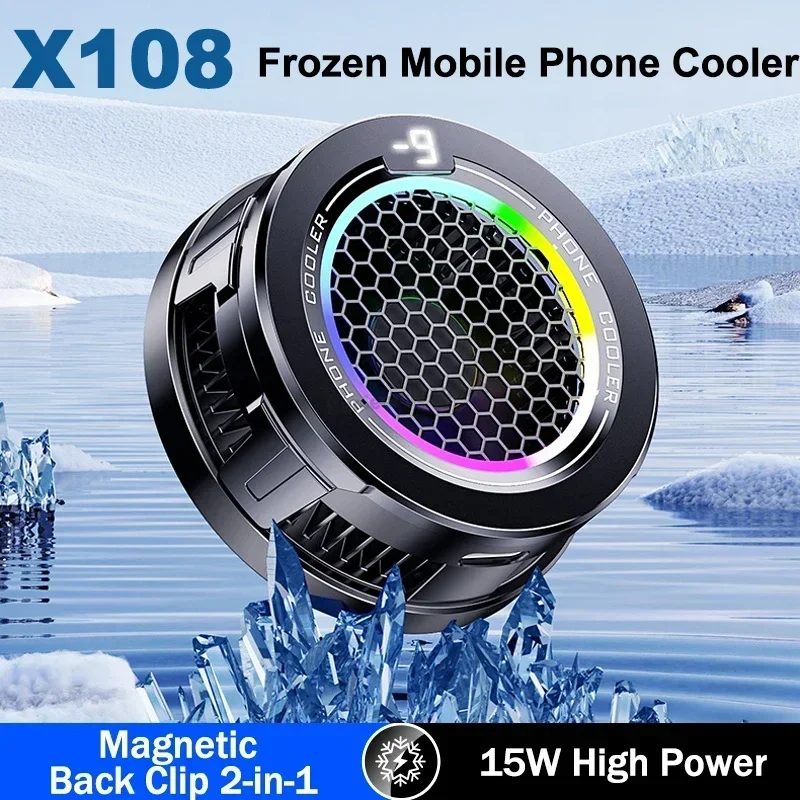 

X108 15W Mobile Phone Cooler Semiconductor Cooling Fan Radiator for IOS Android PUBG Magnetic/Back Clip 2 IN 1 Cool Heat Sink