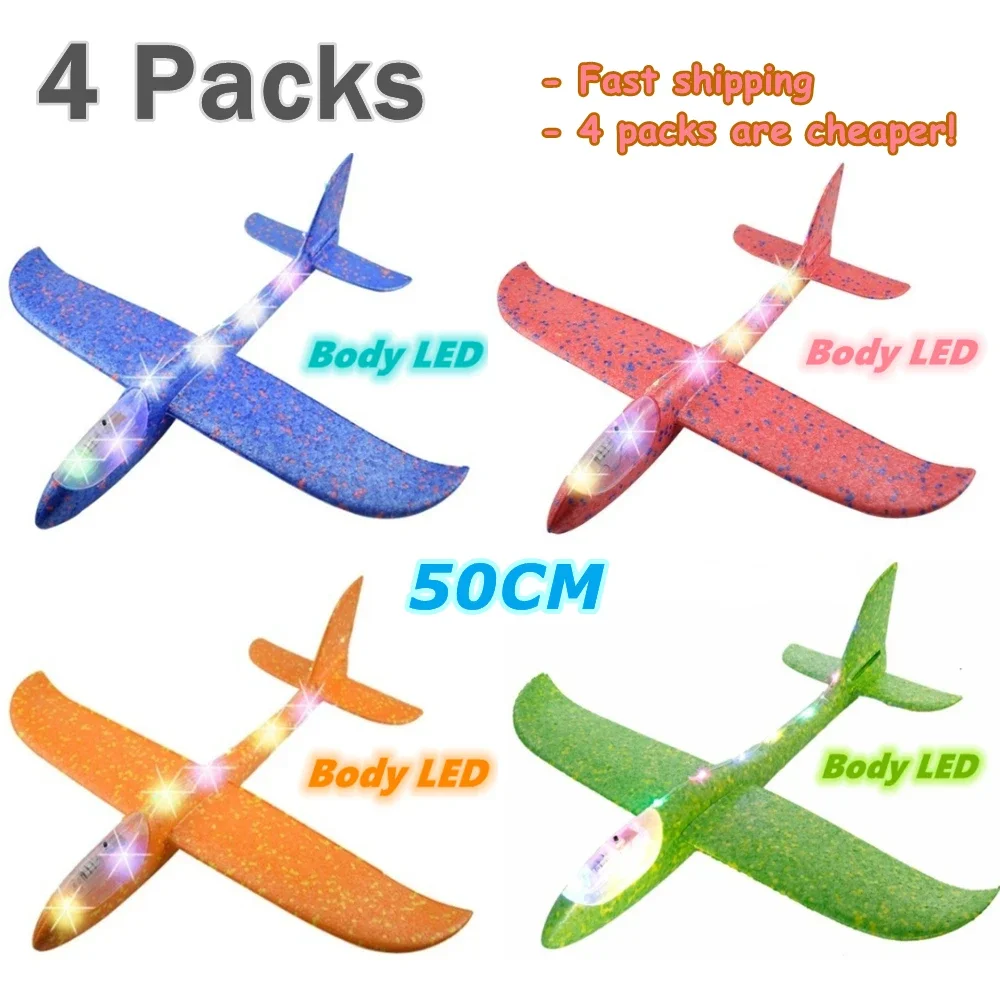 4Packs 50CM Foam Plane Kits Flying Glider Toy With LED Light Hand Throw Airplane Sets Outdoor Game Aircraft Model Toys For Kids