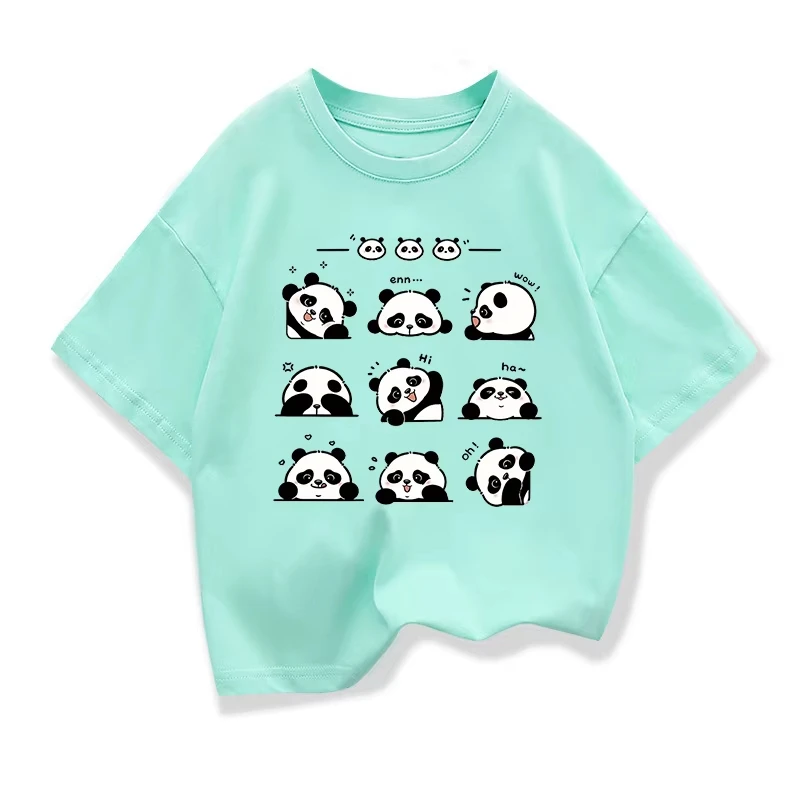 Panda Cartoon Print Fun Summer Children's Pure Cotton T-shirt Casual Cool Round Neck Short Sleeved Parent-child Outfit