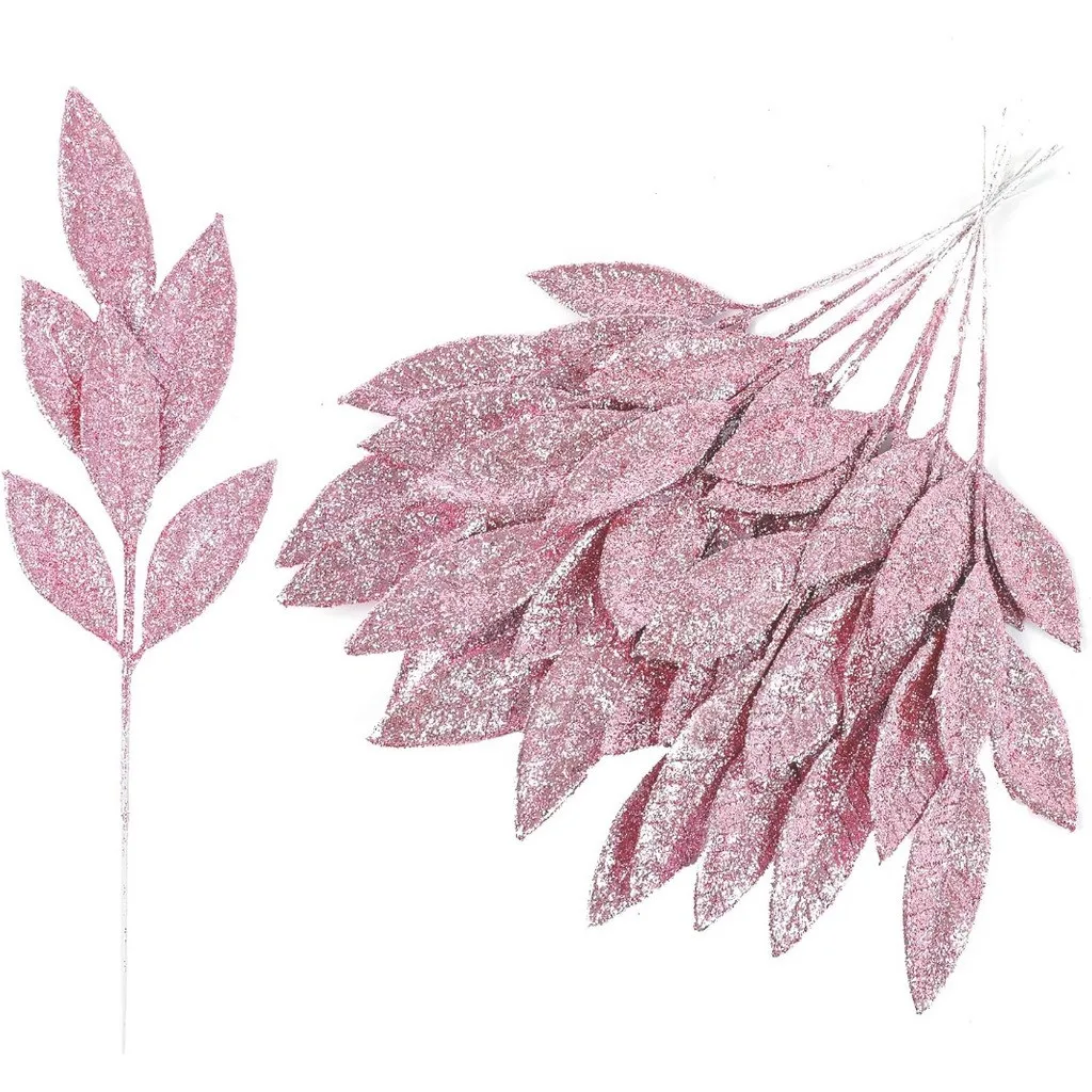 3/12 Stück Rosa Glitzernde Blätterzweige Künstliche Stiele für Weihnachtsbaum DIY Kranz Hochzeitstisch-Dekoration Winterparty-Deko – Detail 5