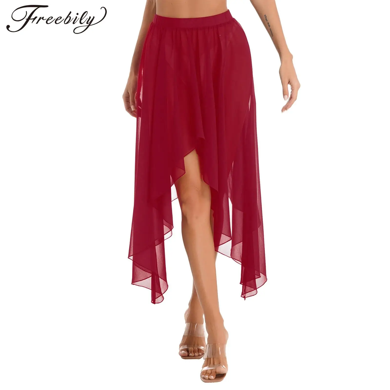 Women Latin Dance Skirt Semi See Through Asymmetrical Hem Skirts Elastic Waistband Belly Dancing Ballet Samba Rumba Dancewear