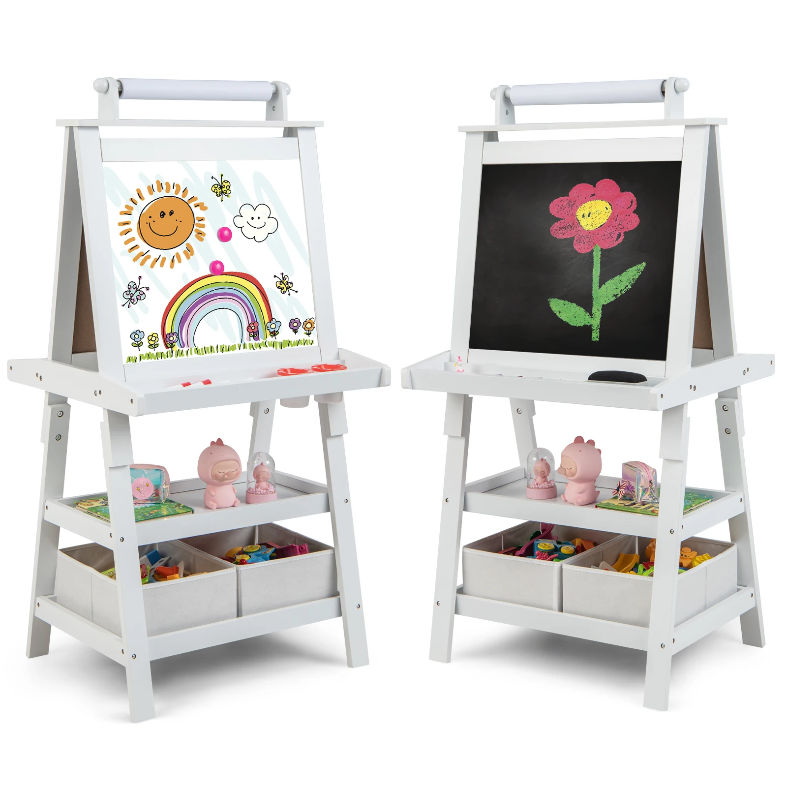 Kids Art Easel Double Sided Chalkboard Magnetic Whiteboard w/ Storage Tray White