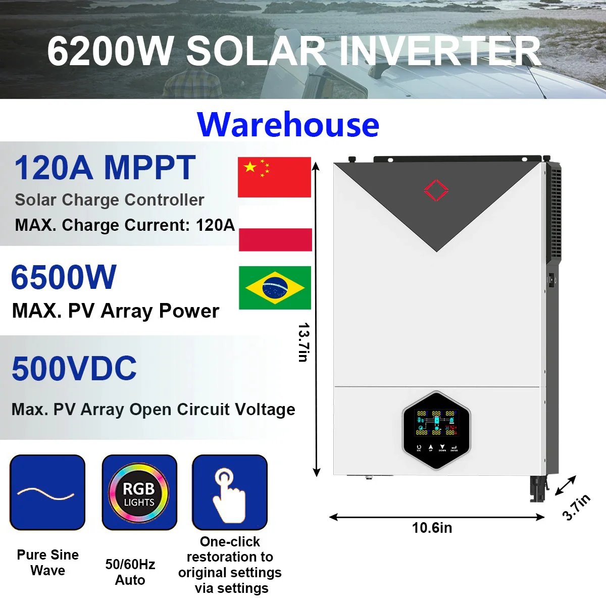 6200W MPS Solar Inverter Inverter On-Grid/Off-Grid Pure Sine Wave 48V DC Input MPPT 120A Solar Charge Max PV Power 6200W