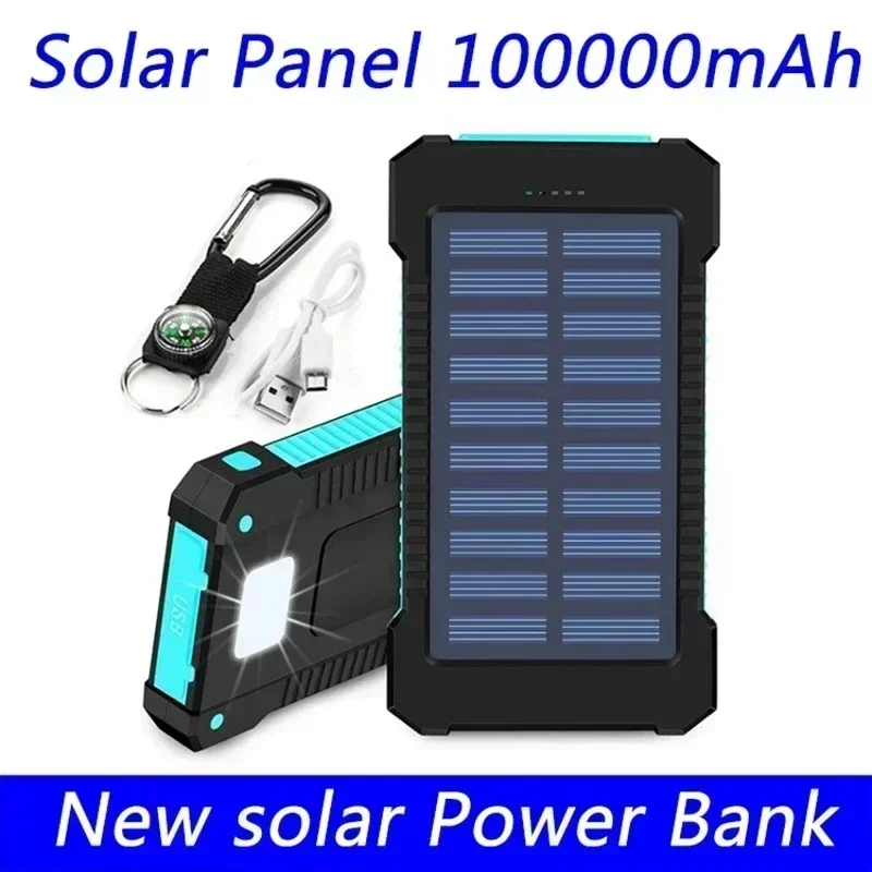 Banco de energía de panel Solar, brújula de 100000mAh, Correa impermeable para exteriores, carga inalámbrica