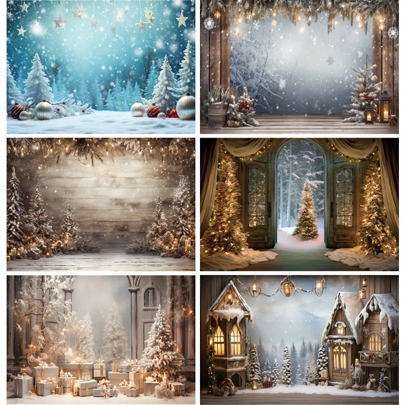 

Christmas Tree With Gift Boxes Photography Backdrops Winter Snow Decorations Wooden Door Fireplace Room Background Props WR-08