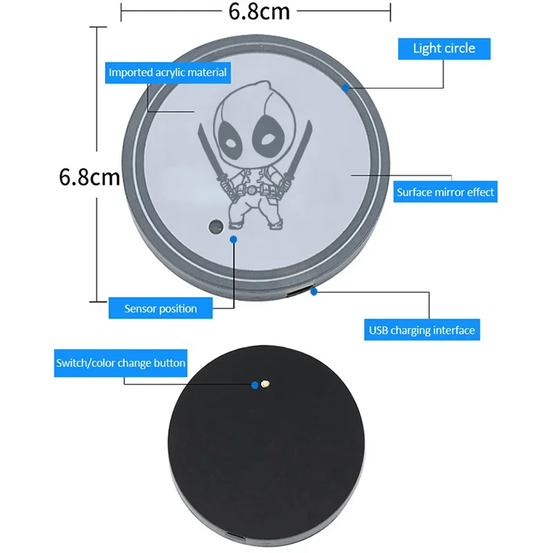 2pcs Deadpool Colorful LED Car Coaster Light Luminous Water Cup Mat for Audi BMW Mercedes Benz Subaru Mazda Skoda Suzuki SAAB - view 2