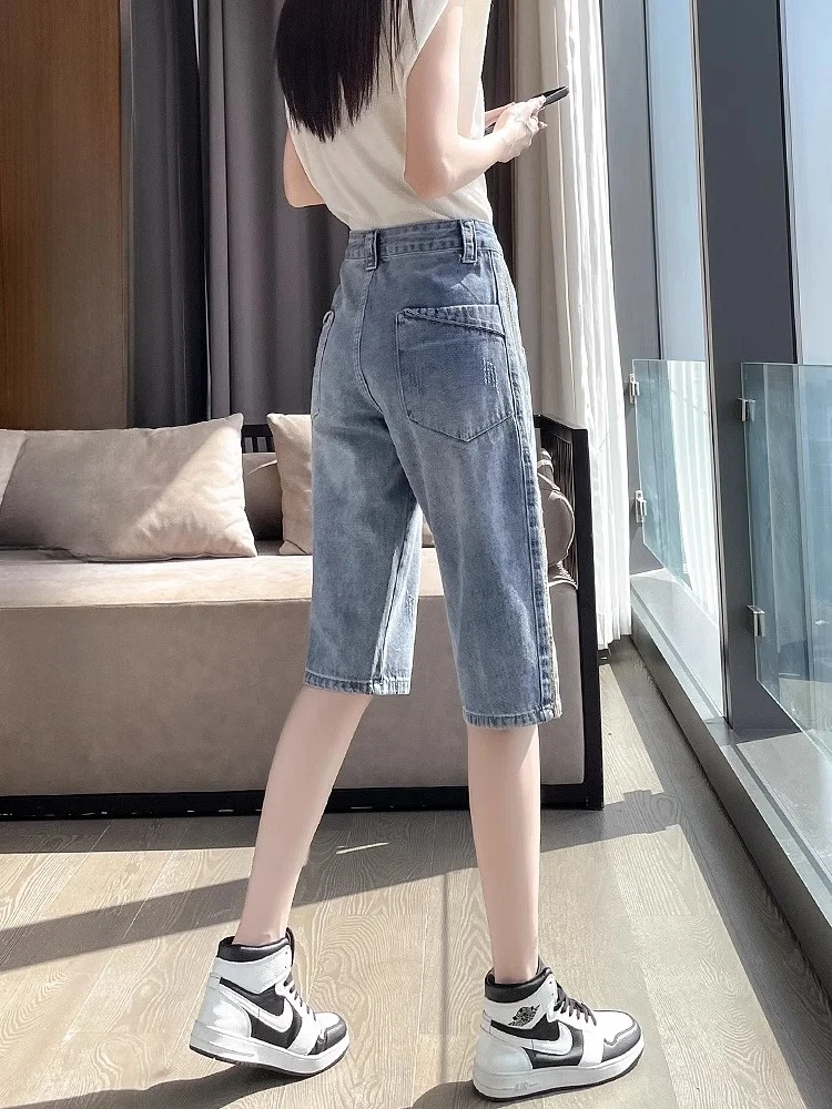 

Прямые джинсы с высокой талией, женские летние тонкие новые свободные джинсы длиной пять четвертей, большие размеры, дизайн Sensation Six-Quarte...