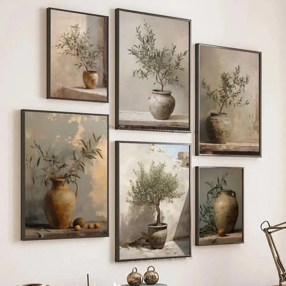 Pósteres vintage de árbol de olivo italiano en jarrón, sala de estar, Bar, cafetería, lienzo de calidad, estilo vintage, cómics, pintura, arte, decoración de pared del hogar