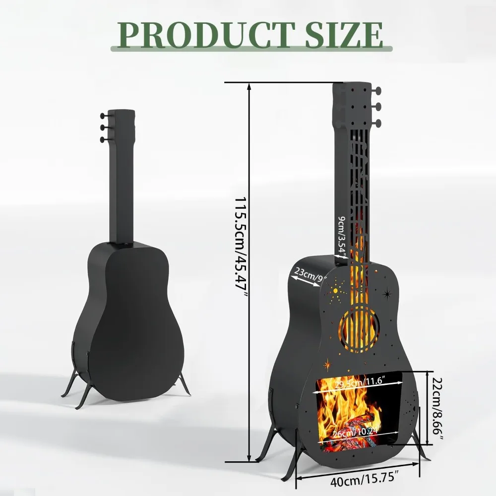 Outdoor Fire Pit Wood Burning Guitar Shaped Chiminea Fireplace Patio Camping Portable