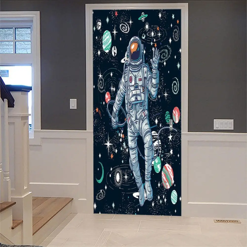 Astronaut Door Stickers Wallpaper Mysterious Universe Outer Space Doors Murals Shining Starry Sky Decals Poster for Home Decor