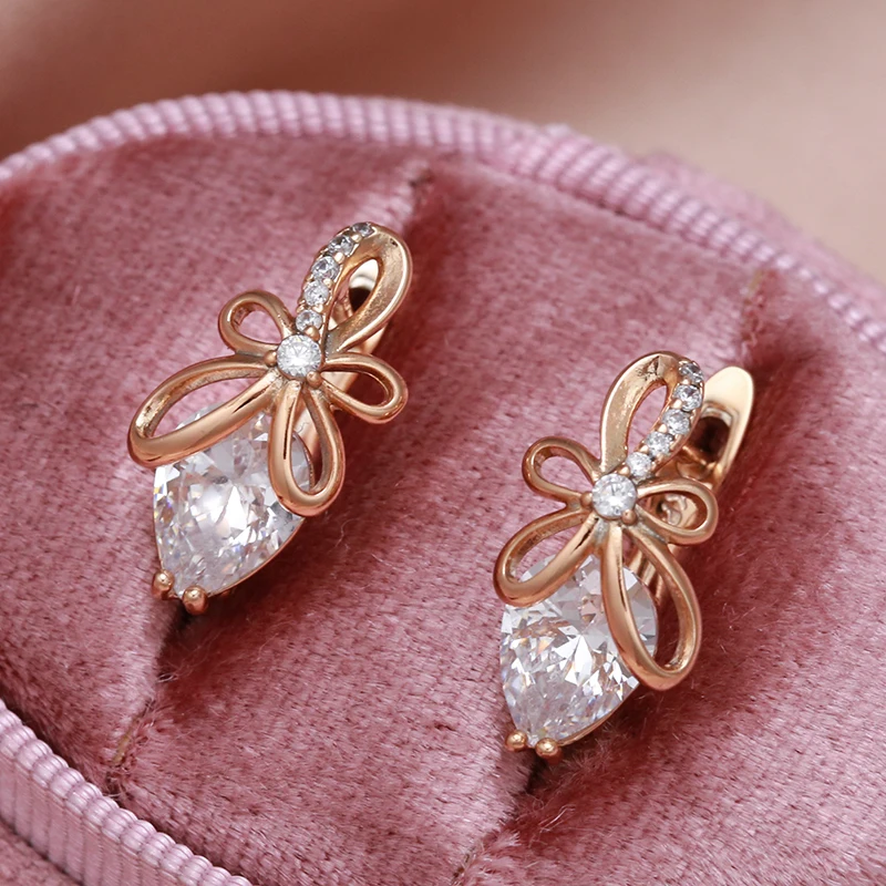 2022 New Bow Knot Hollow 585 Gold Women's Earrings Drop Cut Natural Zircon Trendy Jewelry Girl's Wedding Earring Lover Gifts